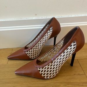 Altuzarra calf leather 4” tan heels with woven netting. US 8 true to size.
